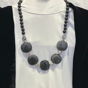 Elegant Gray Ceramic and Lava Stone Necklace with Matching Drop Earrings NWT